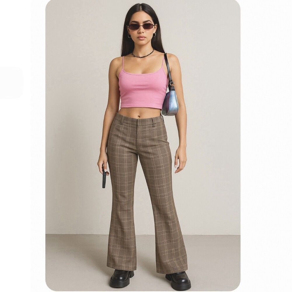 Express Editor Flare Leg Trouser Low Rise Sexy Waist Plaid NEW Size 4 Tan Brown